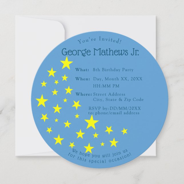 Golden Starry Moon on Blue Kids Birthday Party Invitation (Front)