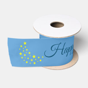 Golden Starry Moon on Picton Blue Custom Birthday Satin Ribbon