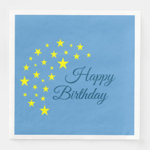 Golden Starry Moon on Picton Blue Happy Birthday Paper Dinner Napkins