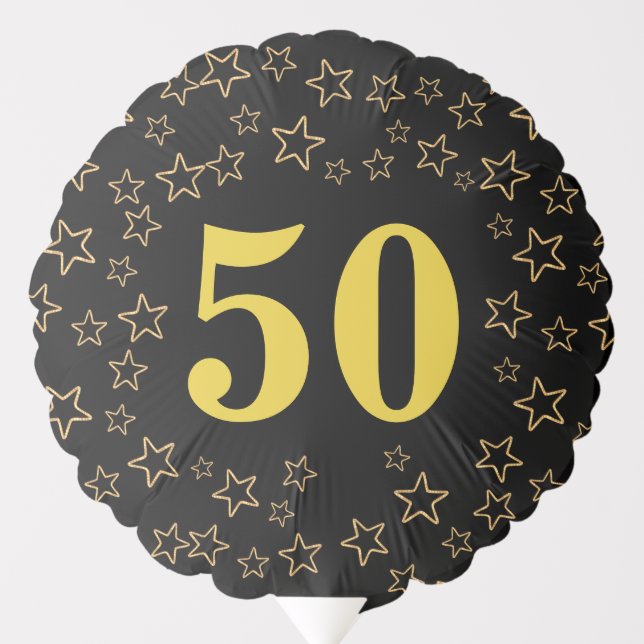 Golden Stars 50th 60th 70th 80th on Black Birthday Balloon (Front)