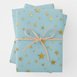 Golden Stars and Beads Over Light Blue Background Wrapping Paper Sheets