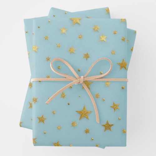 Golden Stars and Beads Over Light Blue Background  Wrapping Paper Sheets