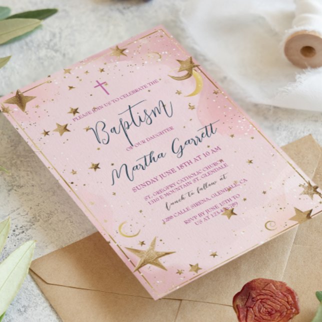 Golden Stars and Pink Girl Baptism Invitation (Creator Uploaded)