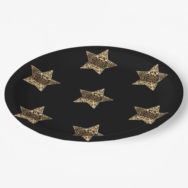 Golden Stars Black and Gold Festive Elegant Paper Plates (Angled)
