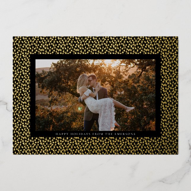 Golden Stars Black Boho Photo Gold Foil Holiday Card (Front)