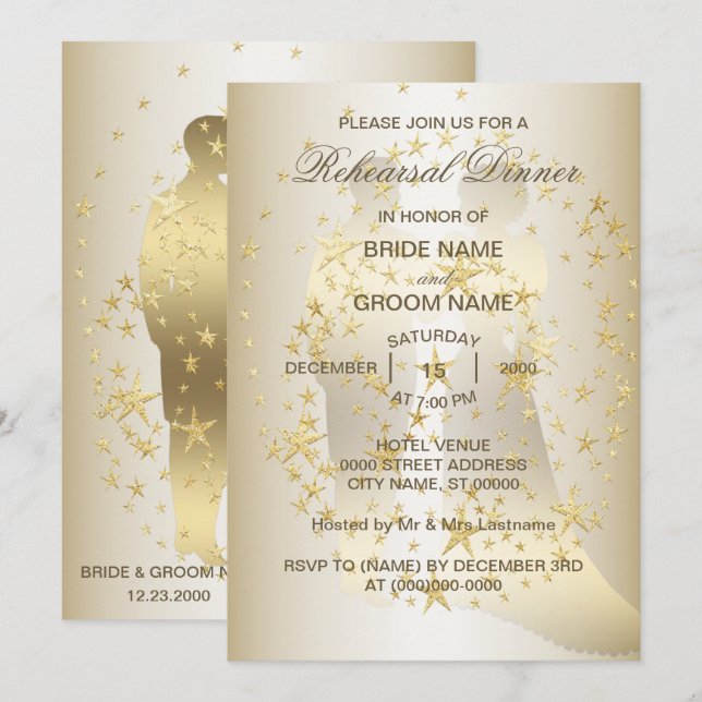 Golden Stars Bride And Groom Rehearsal Dinner Invitation (Front/Back)