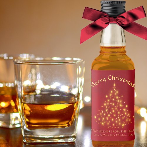 Golden Stars Christmas Tree on Red Mini Holiday Liquor Bottle Label