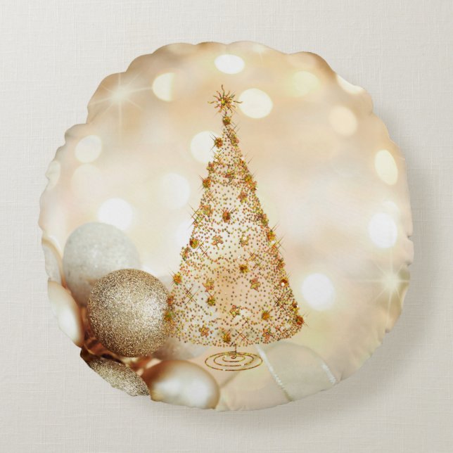 Golden Stars Christmas Tree Ornament Balls Bokeh Round Pillow (Front)