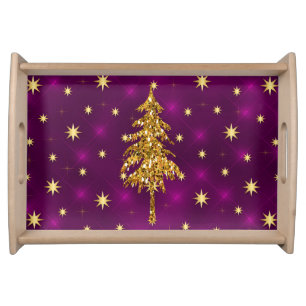 Golden Stars & Christmas Tree Purple Serving Tray
