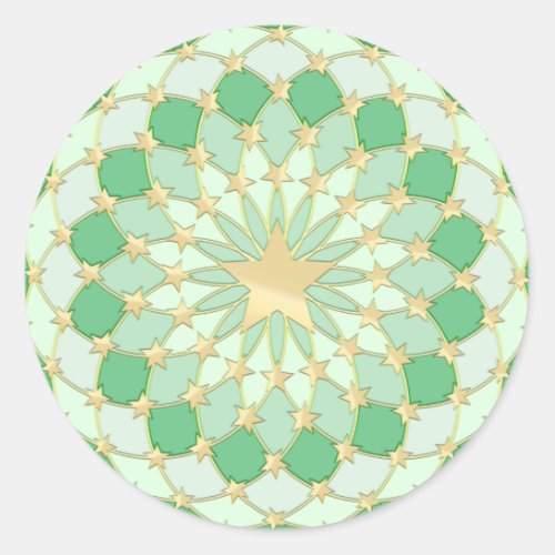 Golden stars expanding circles on pastel green classic round sticker