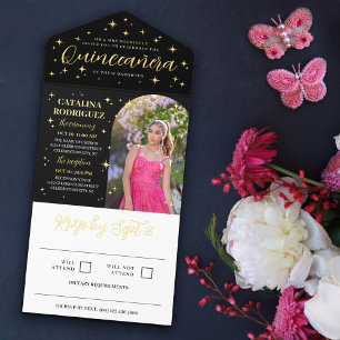 Golden Stars & Flares Arch Photo Quinceañera  All In One Invitation