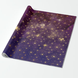 Golden Stars Galaxy Celestial Planets Purple Wrapping Paper