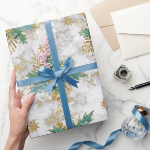 Golden stars glitter with holly berry & leaves wrapping paper