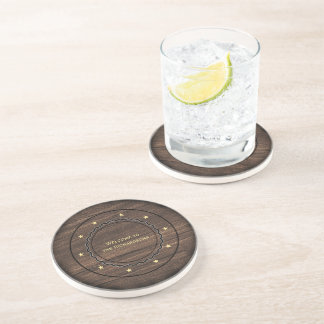 Golden Stars & Letters on Wood Drink Coaster
