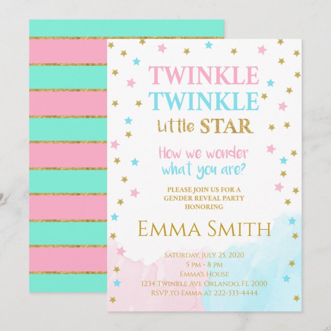 Golden Stars Little Star Gender Reveal Invitation (Front/Back)