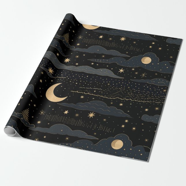 Golden Stars & Moon Night Sky Wrapping Paper (Unrolled)