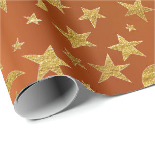 Golden Stars Moon Sky Metallic Coral Orange Wrapping Paper