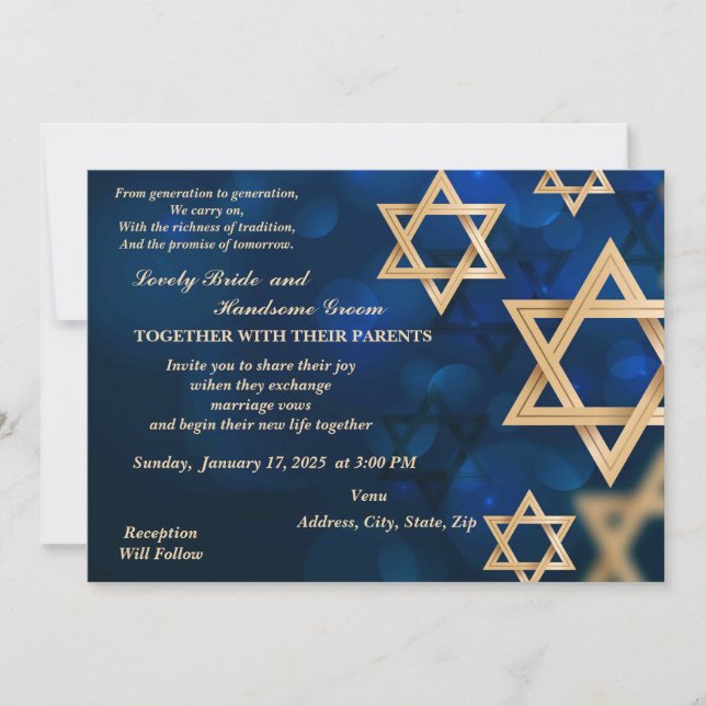 Golden Stars Of David Jewish  Invitation (Front)