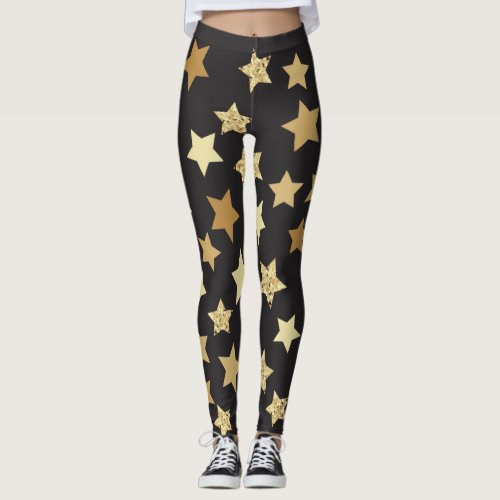 Golden Stars on Black Background Pattern Leggings