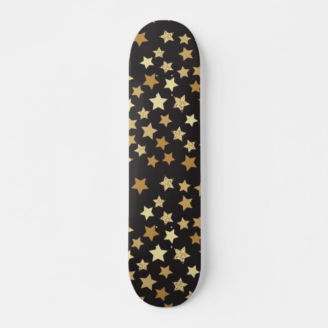 Golden Stars on Black Background Pattern Skateboard (Front)