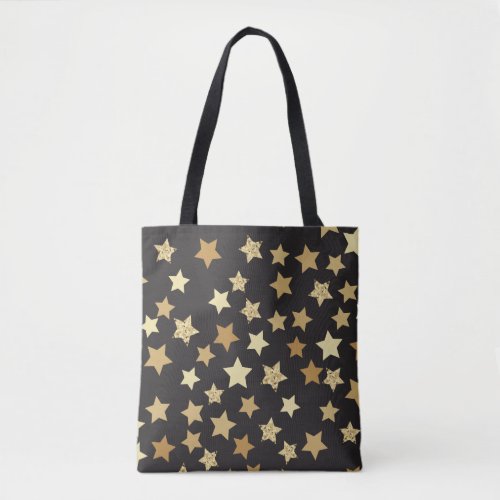 Golden Stars on Black Background Pattern Tote Bag