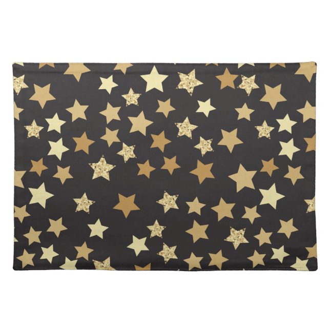 Golden Stars on Black Background Pattern Yan-01.pn Cloth Placemat (Front)