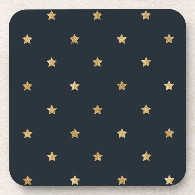 Golden Stars on Midnight Black Beverage Coaster (Front)