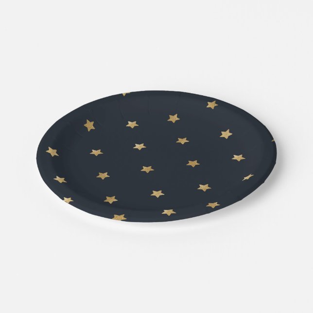 Golden Stars on Midnight Black Paper Plates (Angled)