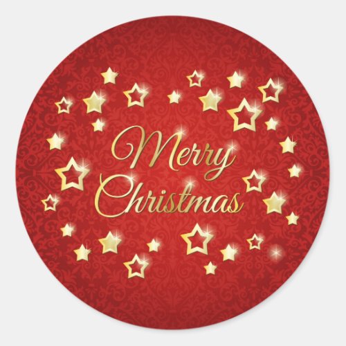 Golden stars on red damask Merry Christmas Classic Round Sticker