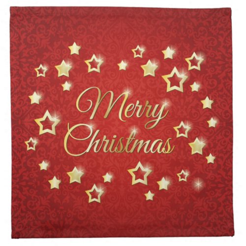 Golden stars on red damask Merry Christmas Cloth Napkin