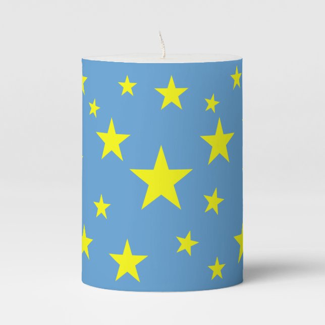 Golden Stars on Soft Baby Blue Pillar Candle (Front)