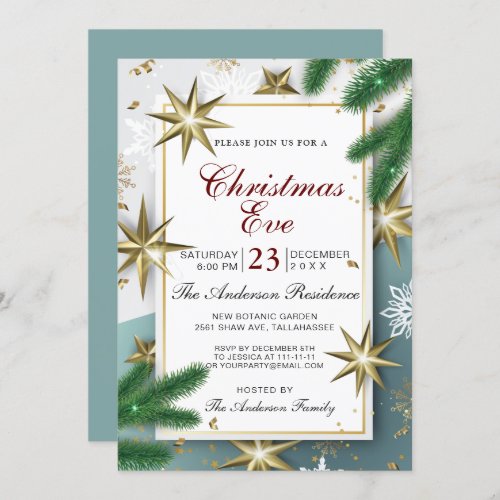 Golden Stars  Pine Branch Christmas Eve Party Invitation