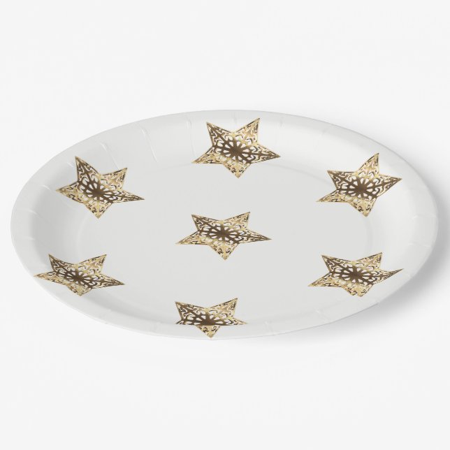 Golden Stars White and Gold Festive Elegant Paper Plates (Angled)