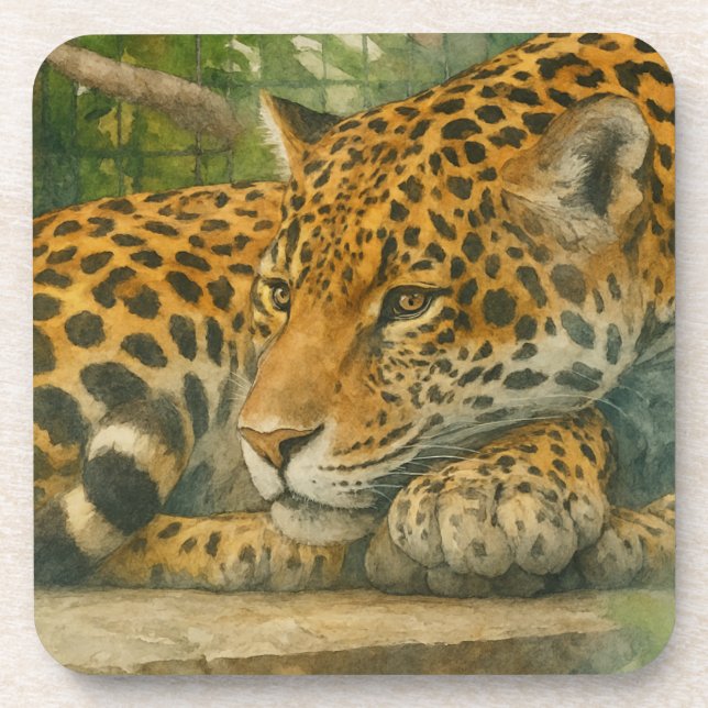 Golden Stillness – Resting Leopard in Foliage Beverage Coaster (Front)