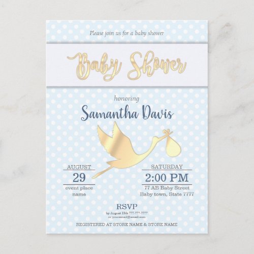 Golden Stork Baby Boy Baby Shower Invitation Postcard
