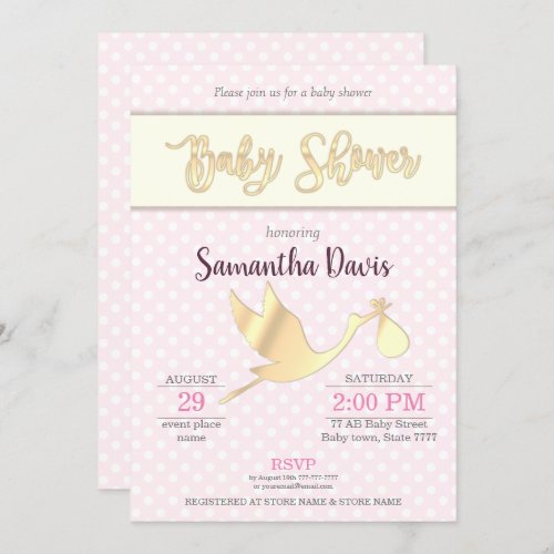 Golden Stork Baby Girl Baby Shower Invitation