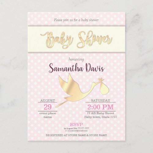 Golden Stork Baby Girl Baby Shower Invitation Postcard