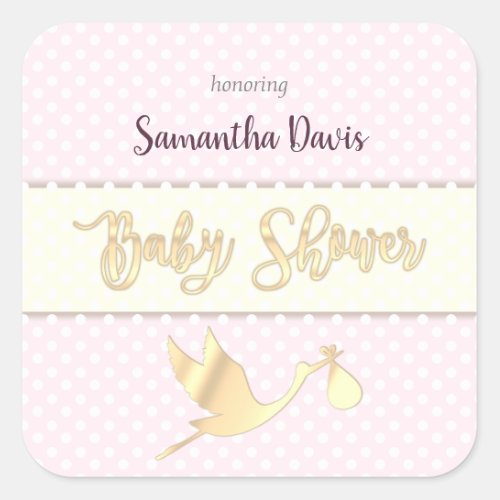 Golden Stork Baby Girl Baby Shower Square Sticker