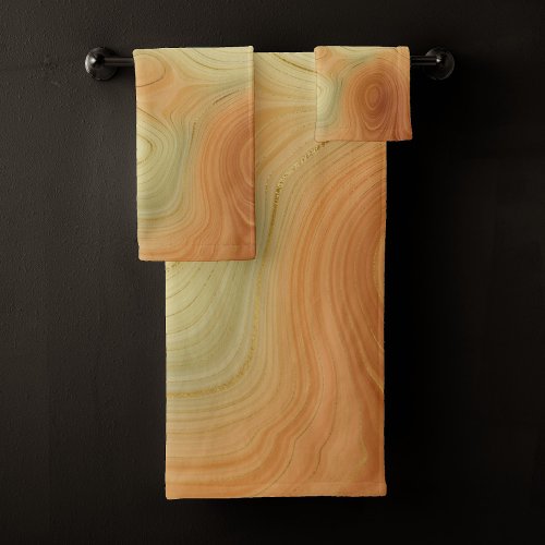 Golden Strata  Peach Burnt Orange Green Agate Bath Towel Set
