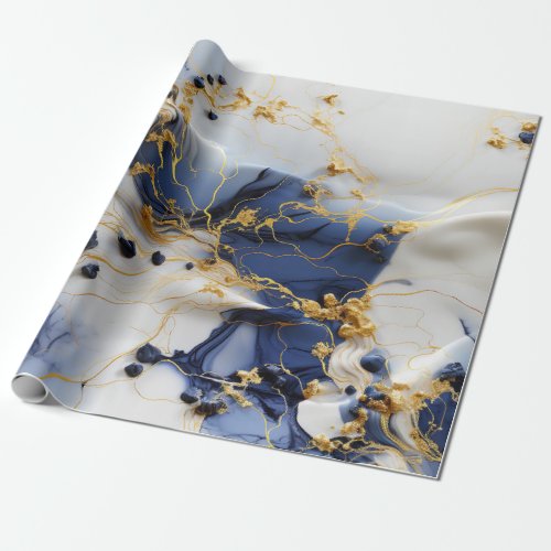 Golden Streaks on Blue Marble Wrapping Paper