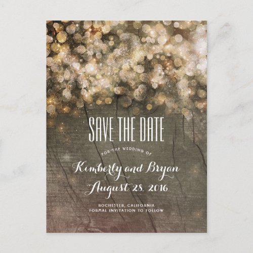 Golden String Lights Rustic Wood Save the Date Announcement Postcard - Gold glitter string of lights rustic barn wood save the date postcards