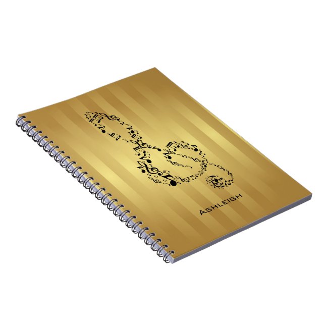 Golden Stripes Black Treble Clef Music Notes Notebook (Right Side)