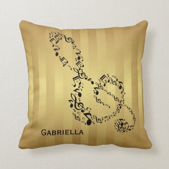 Golden Stripes Black Treble Clef Music Notes Throw Pillow