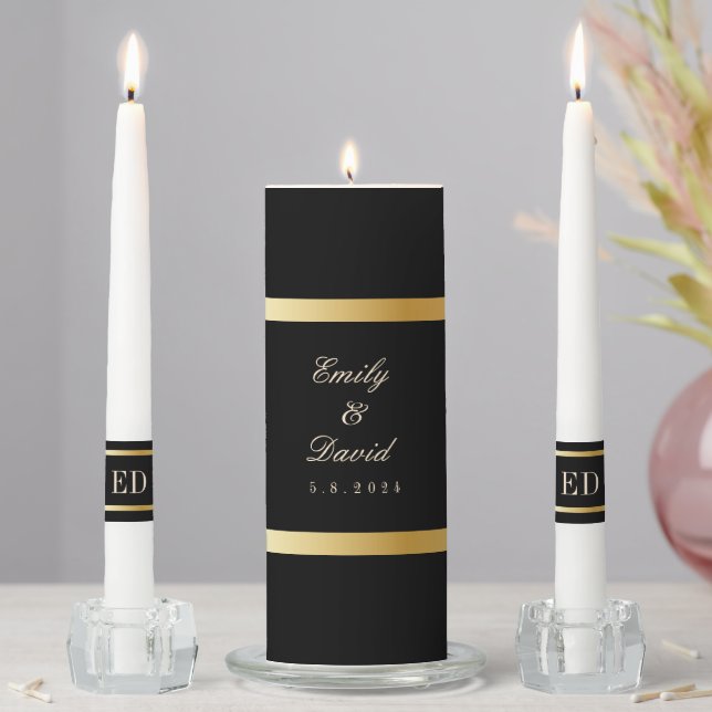 Golden Stripes Elegant Black Wedding Unity Candle Set (In Situ)
