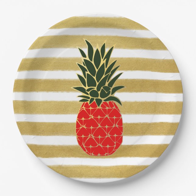 Golden Stripes Red and Green Tropical Pineapple Paper Plates (Front)