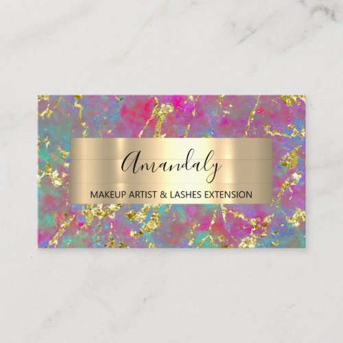 Golden Strokes Beauty Shop Pink Holographic  Business Card