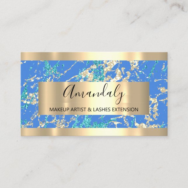 Golden Strokes Gray Glitter Blue Celestial  Business Card (Front)