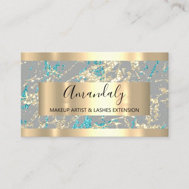 Golden Strokes Gray Glitter Blue Marble Business Card (Front)