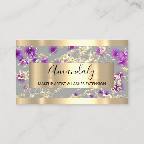 Golden Strokes Gray Glitter Purple Confetti Business Card