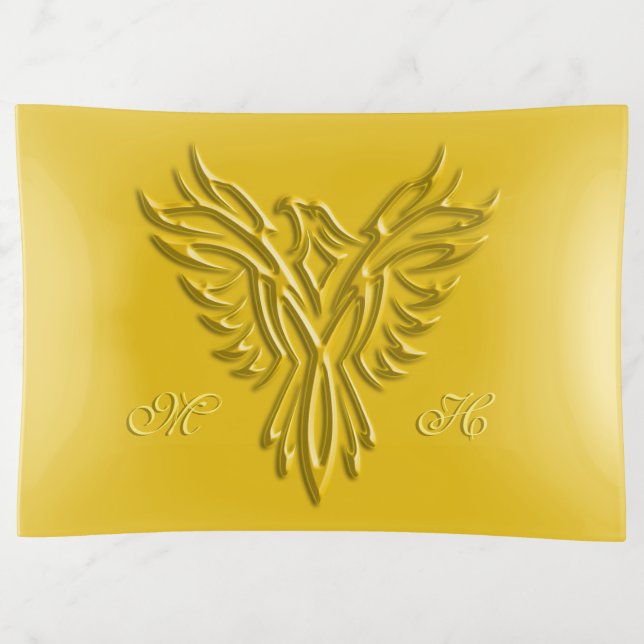 Golden stylized phoenix with embossed effect trinket tray (Front)
